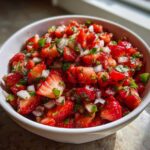 Close-up of vibrant Strawberry Salsa featuring diced strawberries, white onion, and cilantro in a white bowl.