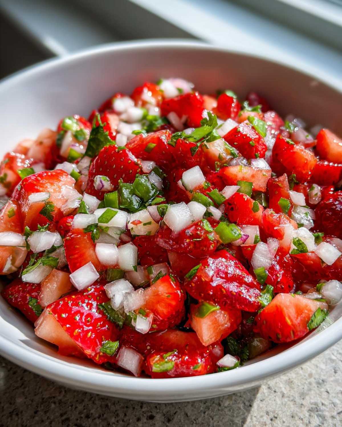 Close-up of vibrant Strawberry Salsa featuring diced strawberries, white onion, and cilantro in a white bowl.