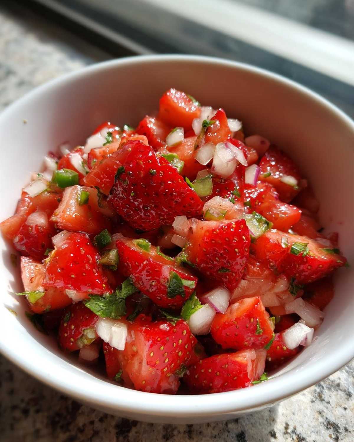 Close-up of vibrant, chunky Strawberry Salsa featuring diced strawberries, white onion, and green herbs in a white bowl.