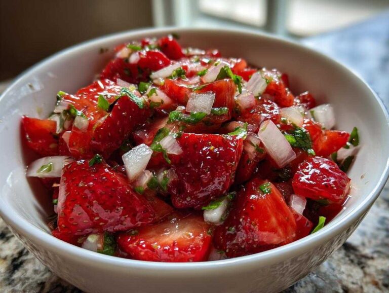 Close-up of vibrant, chunky Strawberry Salsa featuring diced strawberries, white onion, and green herbs in a white bowl.