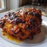 A close-up of a juicy, richly spiced Garam Masala Chicken Thighs piece resting on a white plate.
