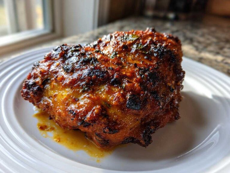 A close-up of a juicy, richly spiced Garam Masala Chicken Thighs piece resting on a white plate.