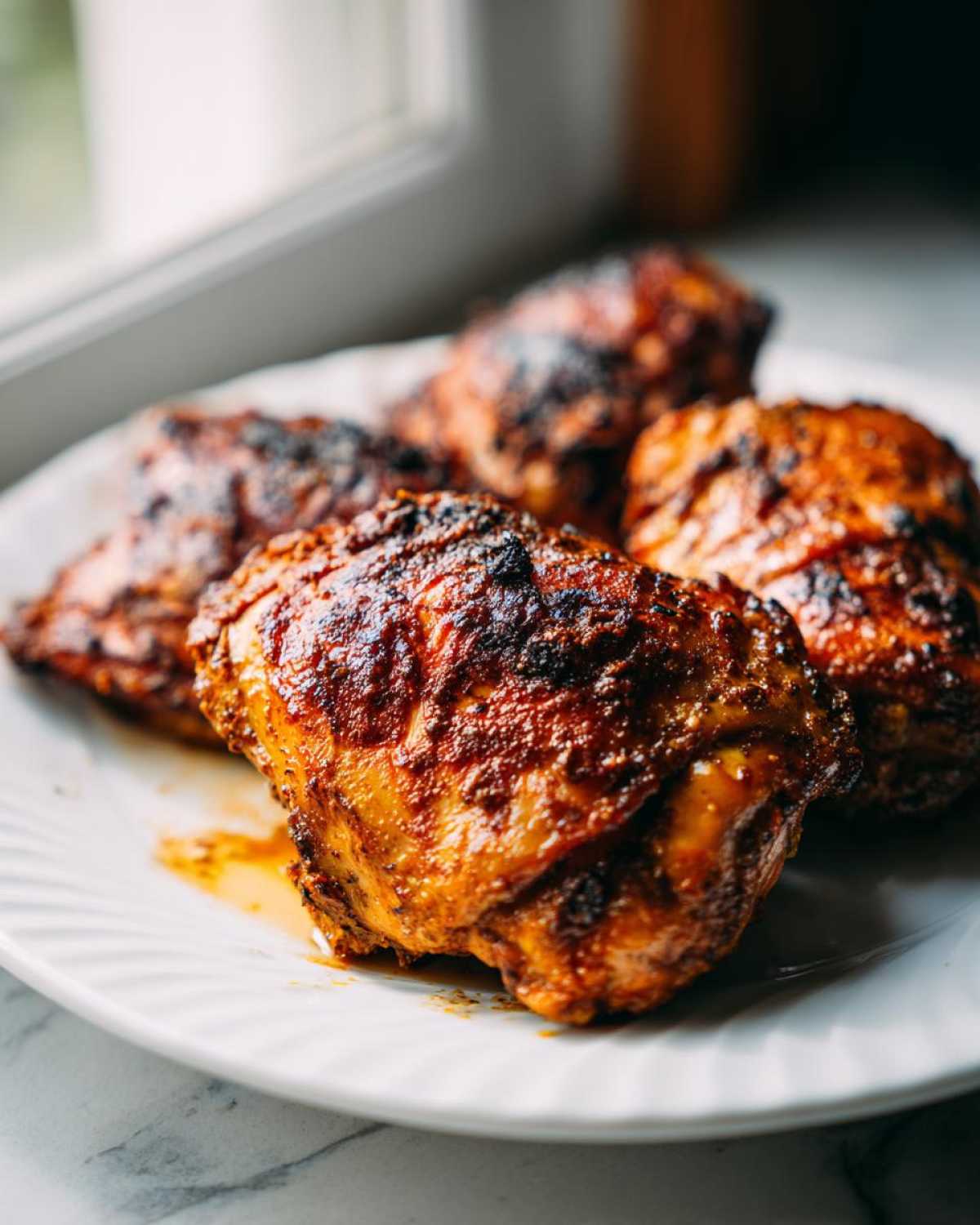 Four beautifully charred Garam Masala Chicken Thighs served on a white plate near a window.