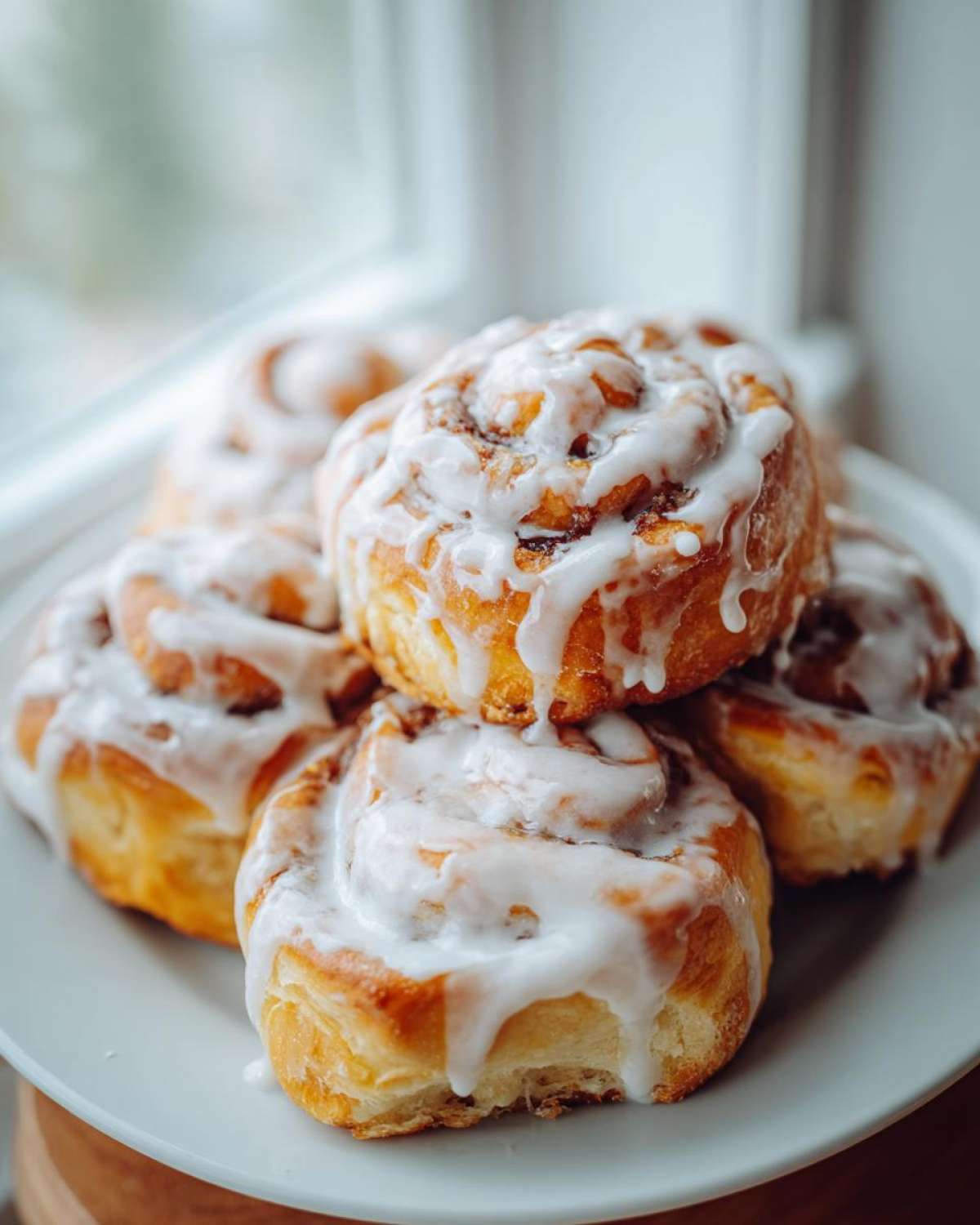 A close-up of several freshly baked, gooey Breakfast Rolls generously topped with white icing.