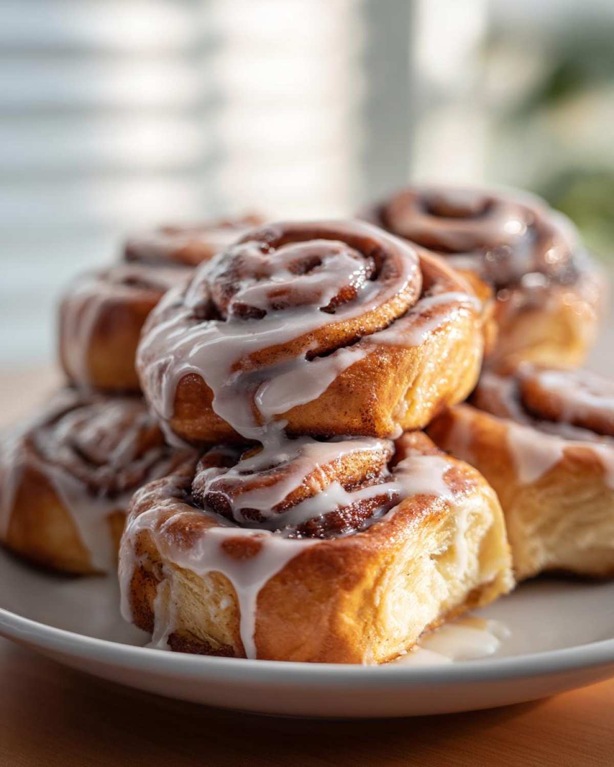 Close-up of a stack of freshly baked, gooey Breakfast Rolls drizzled with white icing.