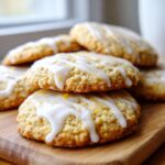 Close-up of glazed citrus cookies stacked on a wooden board, perfect for Easy Spring Cookie Recipes.