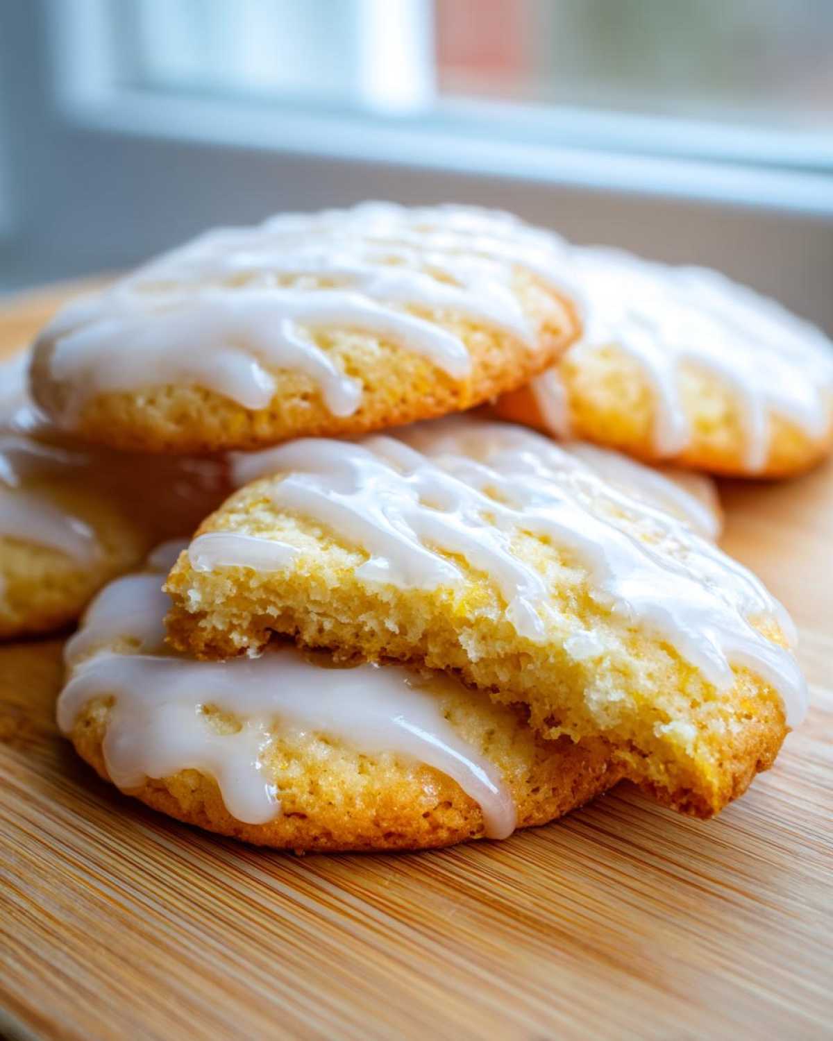 Close-up of soft, glazed citrus cookies, one broken open, showcasing the texture, perfect for Easy Spring Cookie Recipes Citrus.