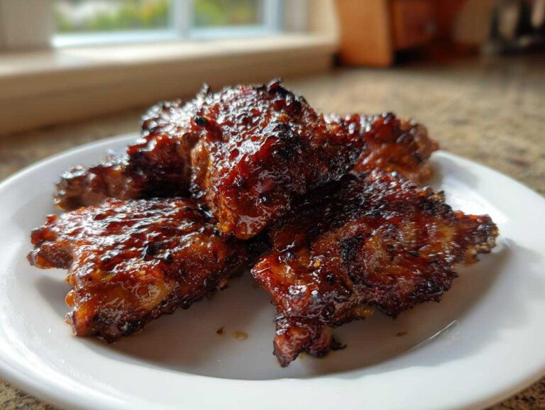 Close-up of several pieces of sticky, caramelized Huli Huli Chicken served on a white plate.