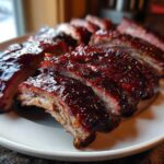 Close-up of tender, glazed Oven Baked Ribs sliced and arranged on a white plate.