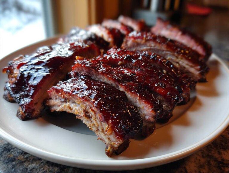 Close-up of tender, glazed Oven Baked Ribs sliced and arranged on a white plate.
