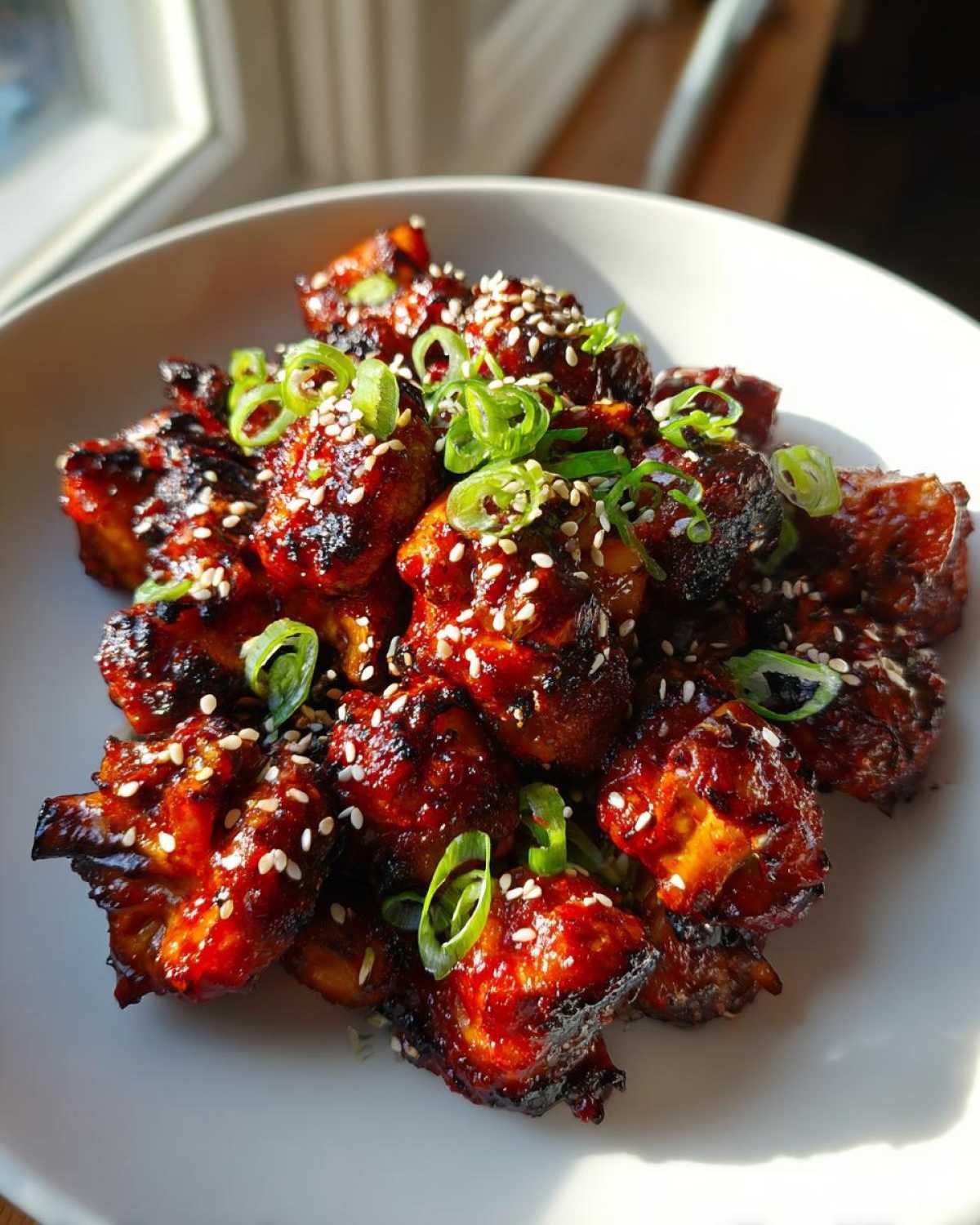 A plate of sticky, caramelized Gochujang Mushrooms, garnished with white sesame seeds and sliced green onions.