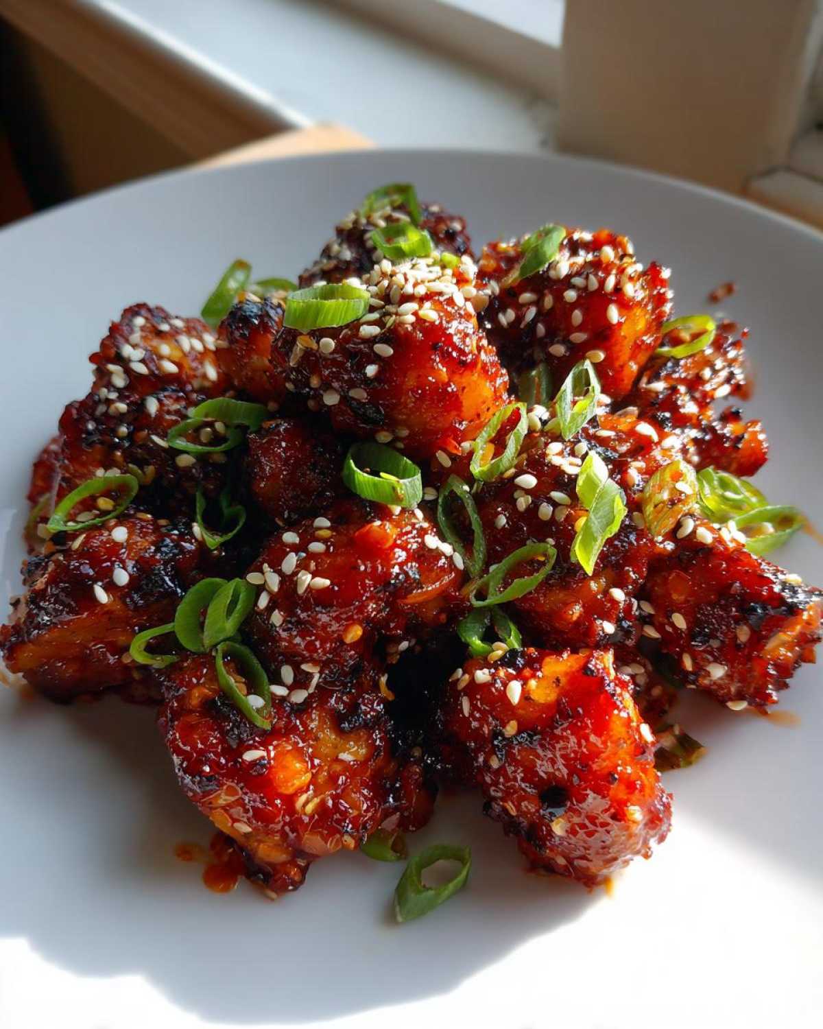 Close-up of sticky, glazed Gochujang Mushrooms That Taste Great, sprinkled with sesame seeds and green onions.
