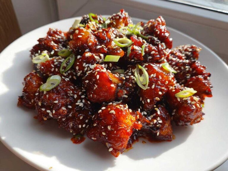 Plate of sticky, glazed Gochujang Mushrooms topped with sesame seeds and sliced green onions.