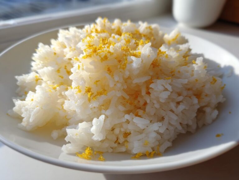 A serving of fluffy white Greek Lemon Rice topped generously with bright yellow lemon zest.