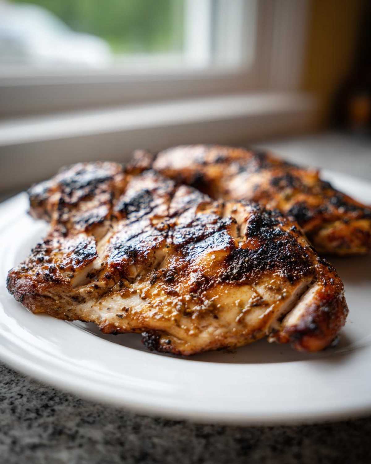 Close-up of perfectly cooked Grilled Cuban Chicken breasts with visible grill marks on a white plate.