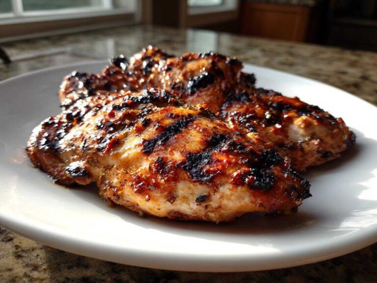 Two pieces of perfectly charred and glazed Grilled Cuban Chicken resting on a white plate.