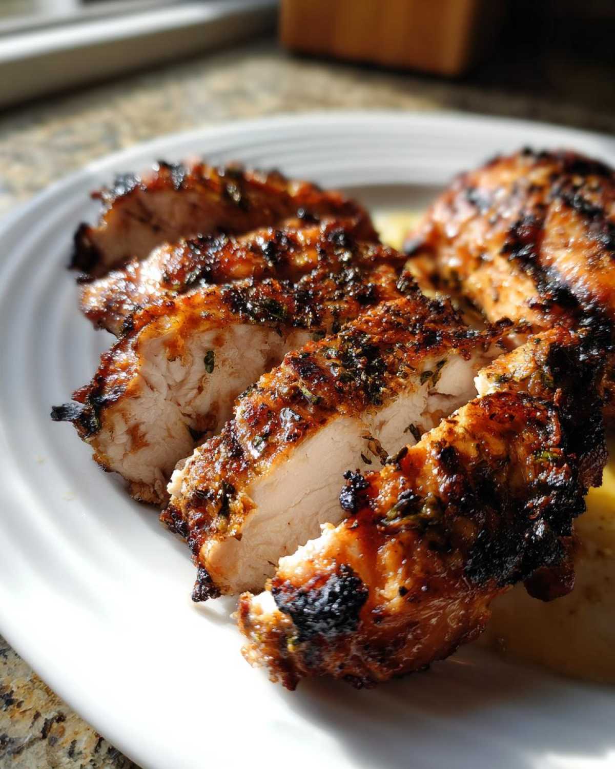Close-up of perfectly cooked, sliced Grilled Cuban Chicken breast showing juicy white meat and a dark, herby, charred exterior.