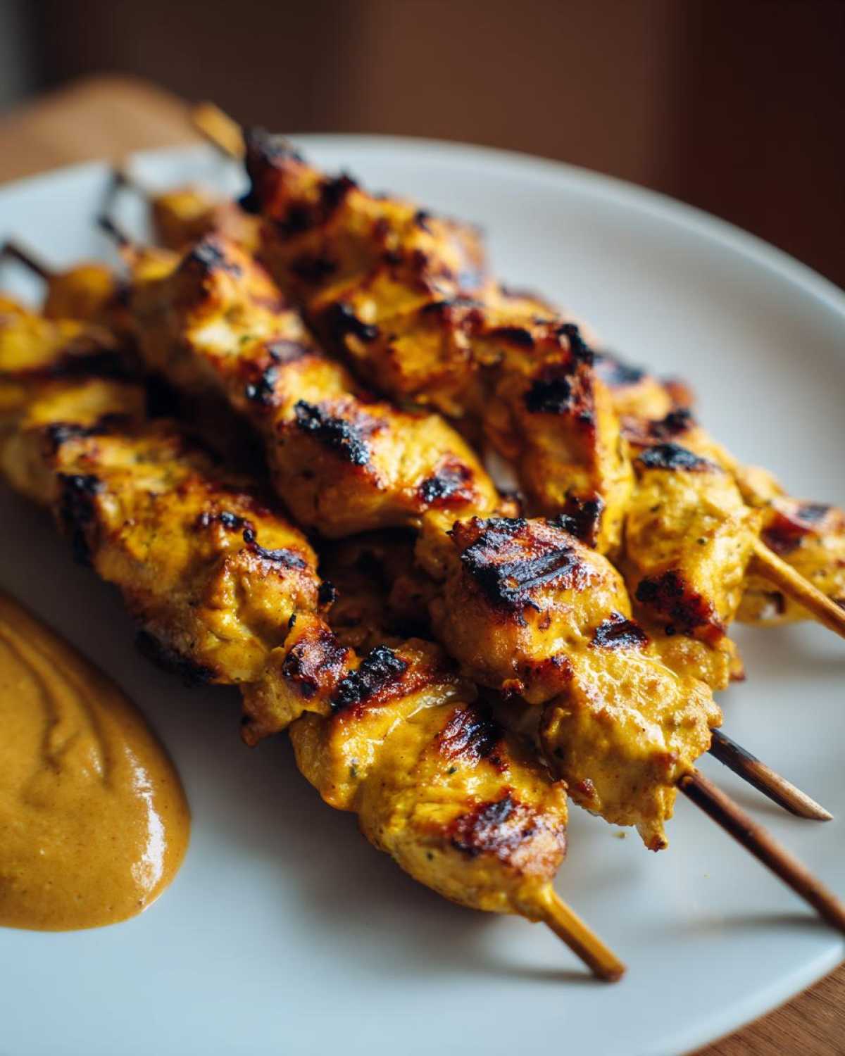 Close-up of perfectly grilled Thai Chicken Skewers With Peanut Sauce served on a white plate.