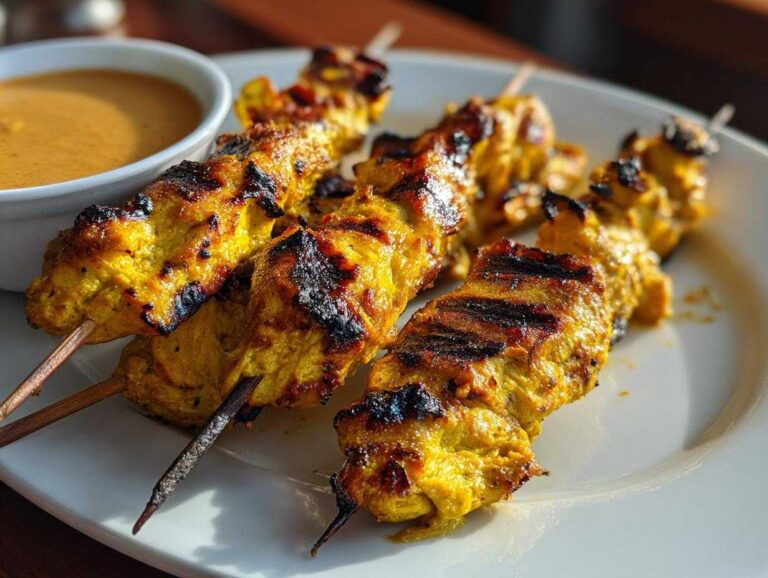 Four golden, grilled Thai chicken skewers with char marks, served next to a small bowl of peanut sauce.