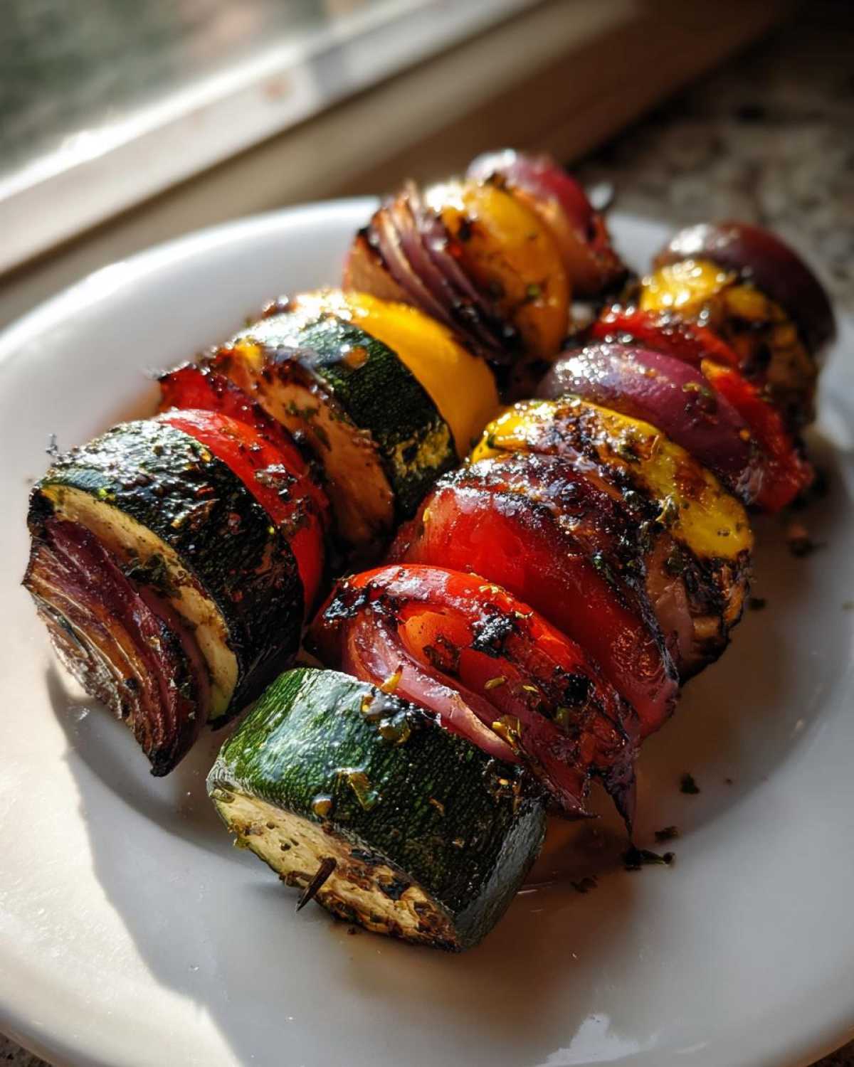 Close-up of two skewers of perfectly cooked Grilled Vegetable Kabobs BBQ featuring zucchini, red onion, and peppers.