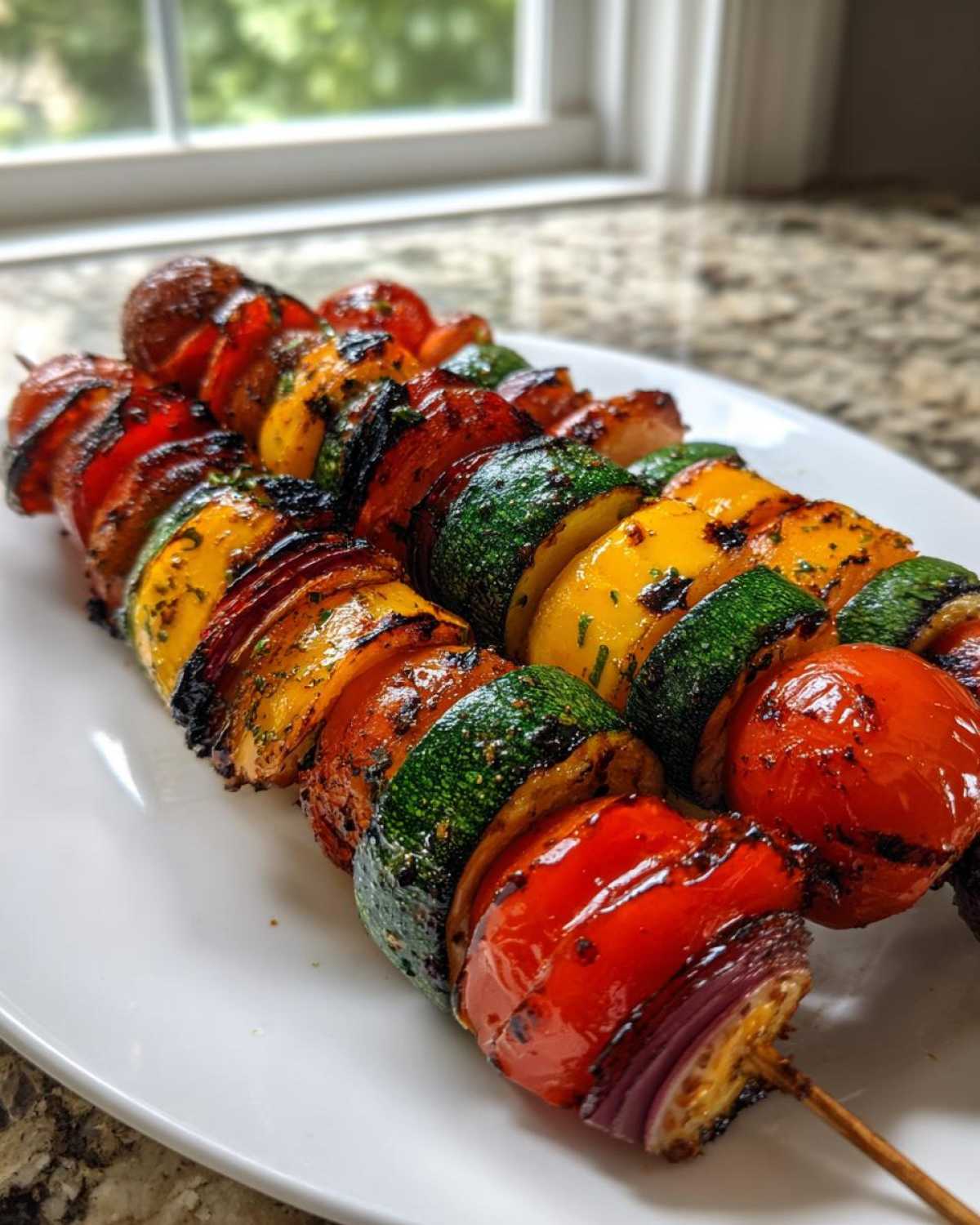 Close-up of two perfectly cooked Grilled Vegetable Kabobs BBQ featuring zucchini, yellow squash, tomatoes, and red onion on a white plate.