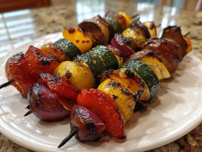 Close-up of two skewers loaded with colorful, charred Grilled Vegetable Kabobs BBQ, including zucchini, red onion, and peppers.