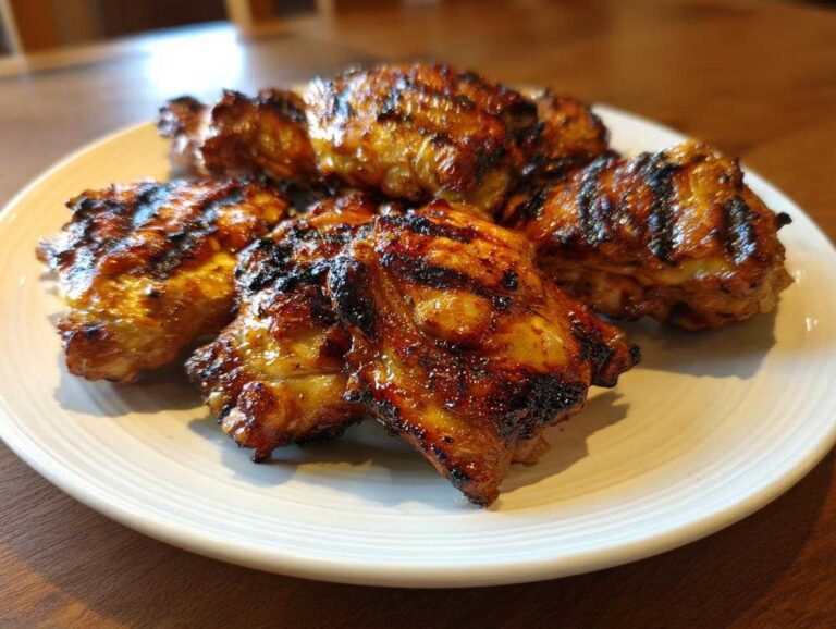 Close-up of several pieces of juicy, caramelized Grilled Vietnamese Chicken with distinct char marks on a white plate.