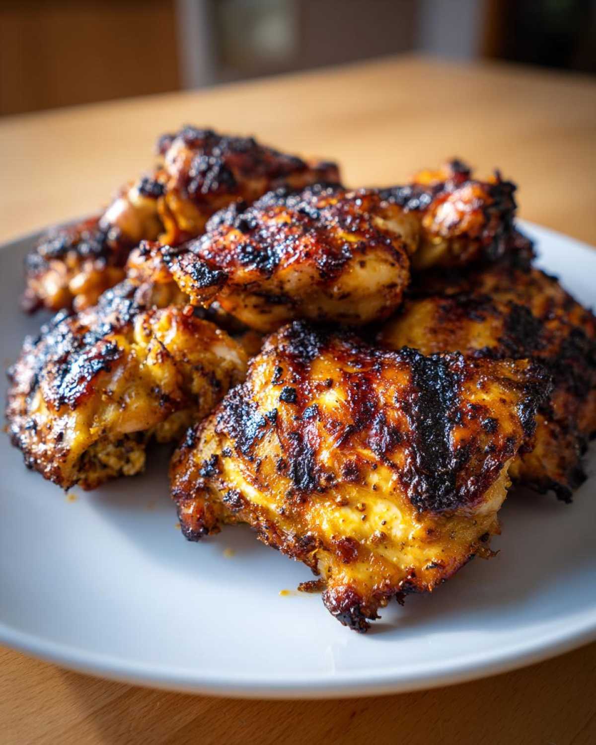 A pile of juicy, charred Grilled Vietnamese Chicken pieces served on a white plate.