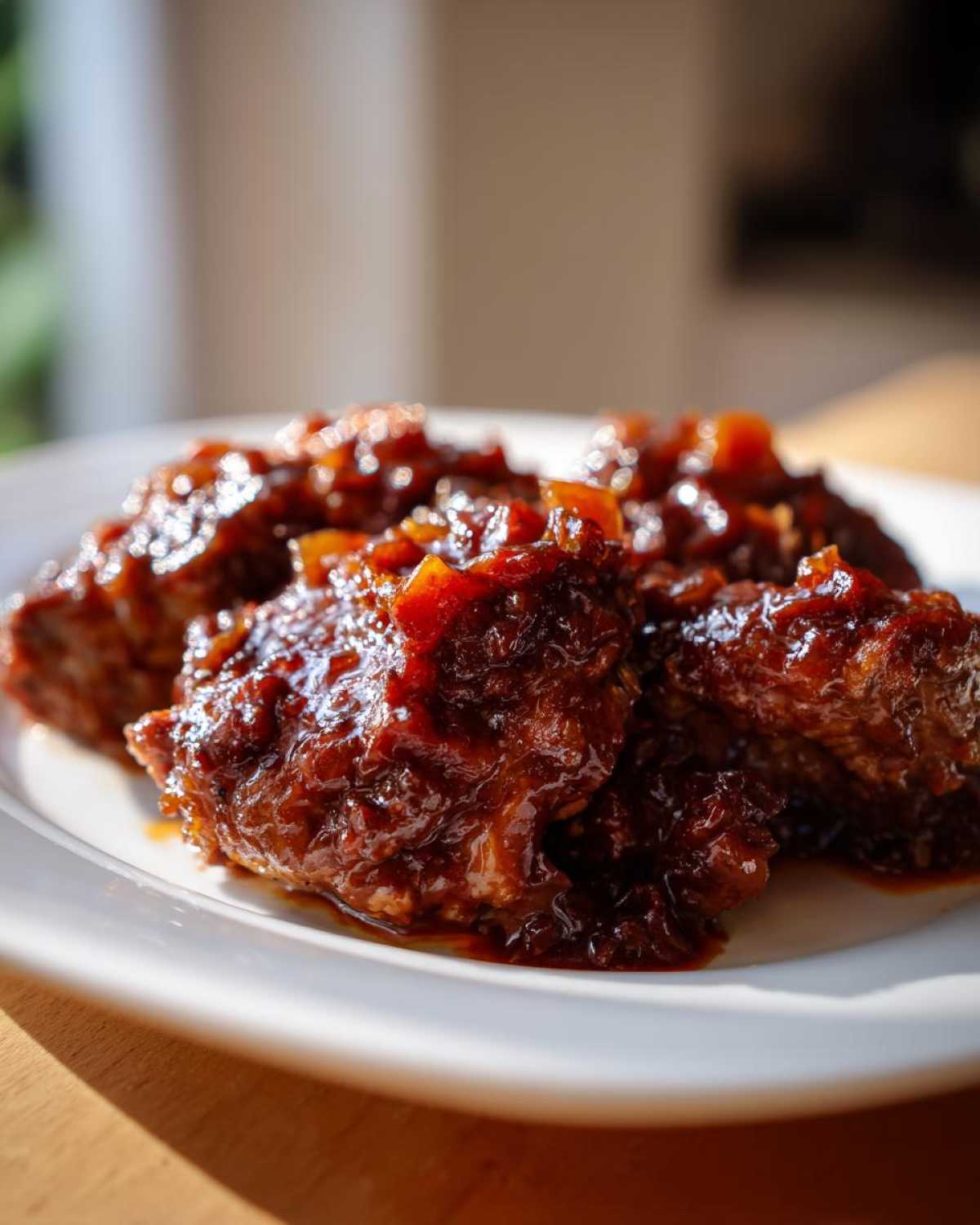 Close-up of succulent pieces of Hawaiian Chicken coated in a thick, glossy, dark glaze, served on a white plate.