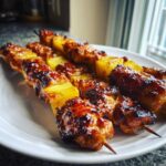 Close-up of grilled Hawaiian Teriyaki Chicken Kabobs Pineapple skewers with caramelized glaze on a white plate.