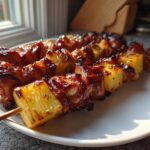 Close-up of glazed Hawaiian Teriyaki Chicken Kabobs Pineapple skewers resting on a white plate.