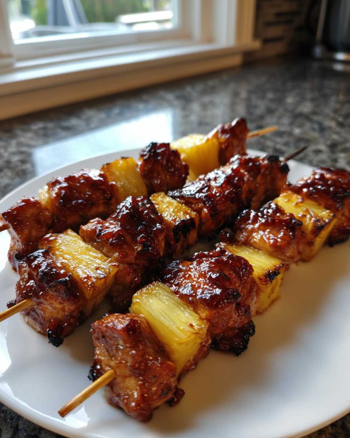 Close-up of several grilled Hawaiian Teriyaki Chicken Kabobs Pineapple skewers on a white plate.