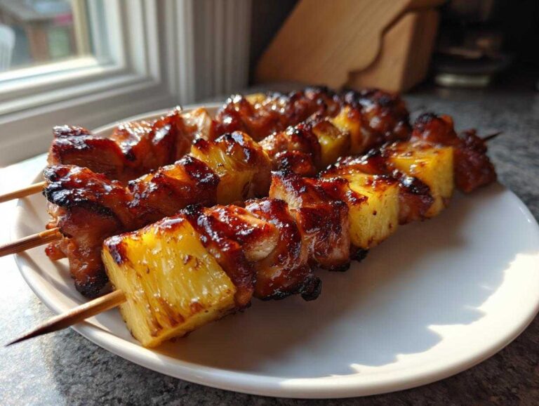 Close-up of glazed Hawaiian Teriyaki Chicken Kabobs Pineapple skewers resting on a white plate.