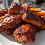 Close-up of sticky, caramelized Honey Harissa Chicken pieces served with roasted sweet potatoes and red onion wedges.