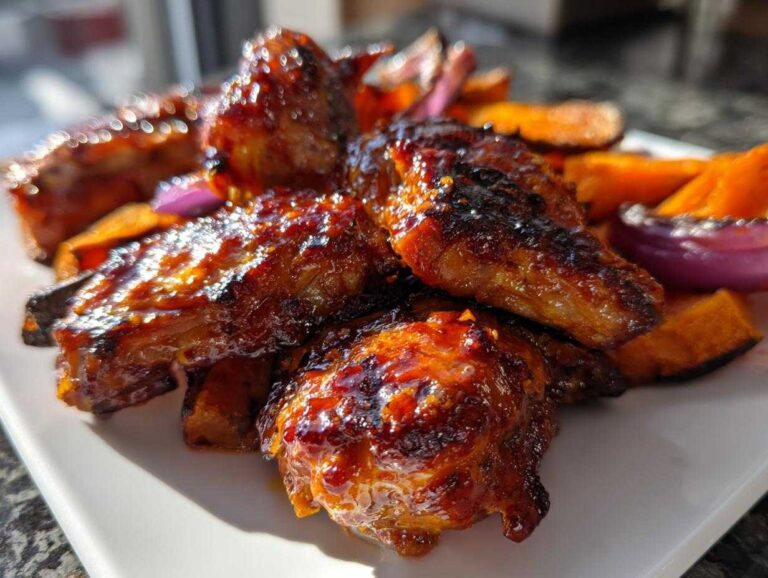 Close-up of sticky, caramelized Honey Harissa Chicken pieces served with roasted sweet potatoes and red onion wedges.