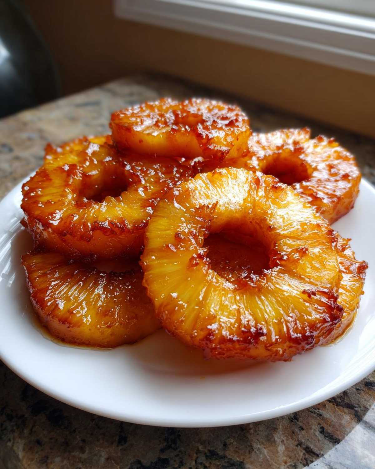 Close-up of caramelized Honey Lime Roasted Pineapple rings stacked on a white plate.
