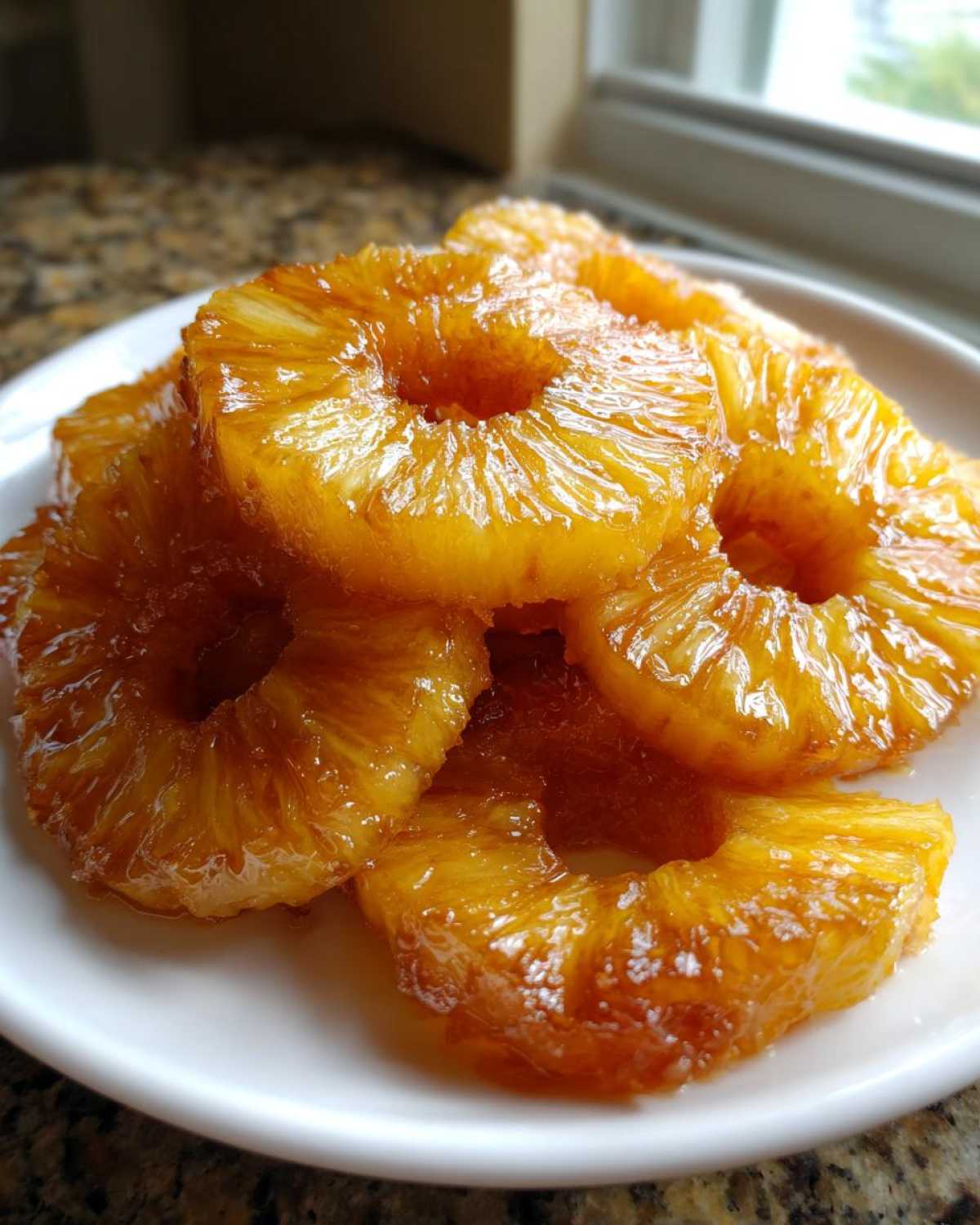 Close-up of glistening, caramelized Honey Lime Roasted Pineapple rings stacked on a white plate.
