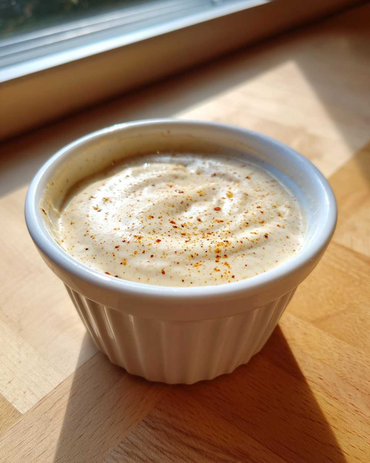 Close-up of creamy Hot Honey Ranch Sauce topped with spices in a small white ramekin.
