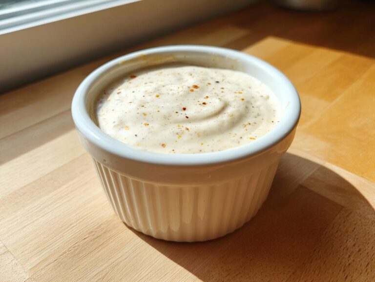 A small white ramekin filled with creamy Hot Honey Ranch Sauce, sprinkled with spices, sitting on a wooden counter.