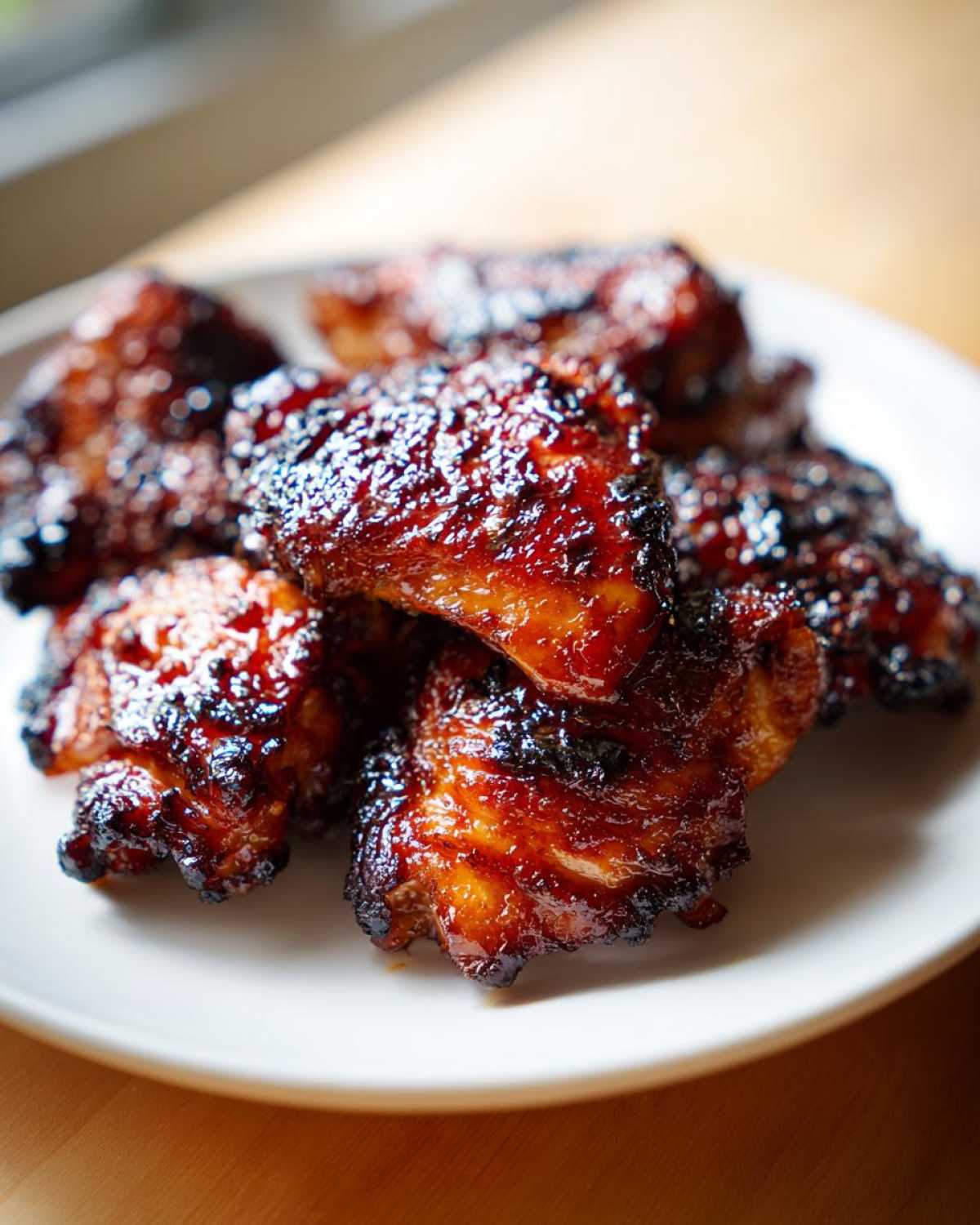 Close-up of several pieces of sticky, caramelized Huli Huli Chicken piled on a white plate.