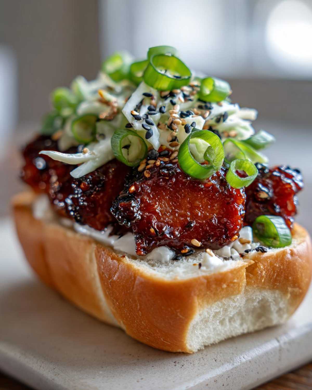 Close-up of a delicious Korean BBQ Chicken Sandwich featuring glazed chicken, slaw, and green onions on a soft bun.