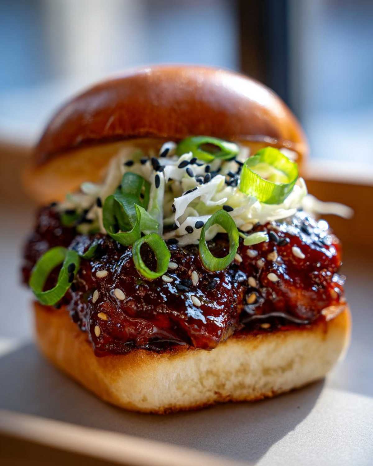 Close-up of a delicious Korean BBQ Chicken Sandwich featuring sticky glazed chicken, slaw, and green onions on a brioche bun.