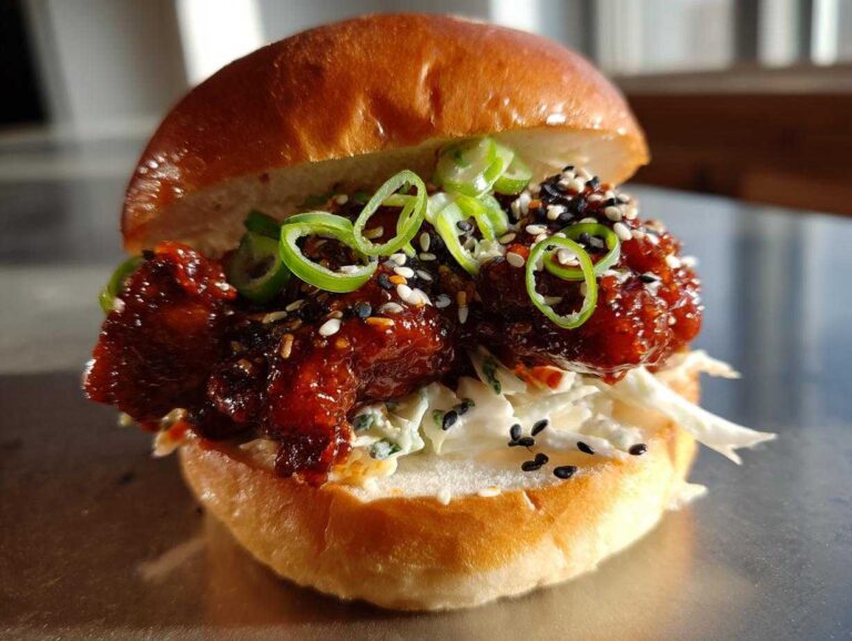A close-up of a delicious Korean BBQ Chicken Sandwich featuring glazed chicken, coleslaw, and sesame seeds on a brioche bun.