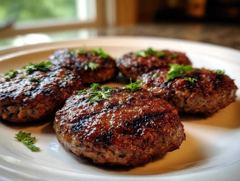 Five perfectly grilled, juicy Lebanese Kafta patties garnished with fresh parsley on a white plate.