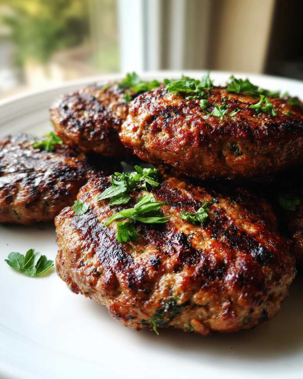 Close-up of perfectly grilled Lebanese Kafta patties garnished with fresh parsley, ideal for Ramadan.