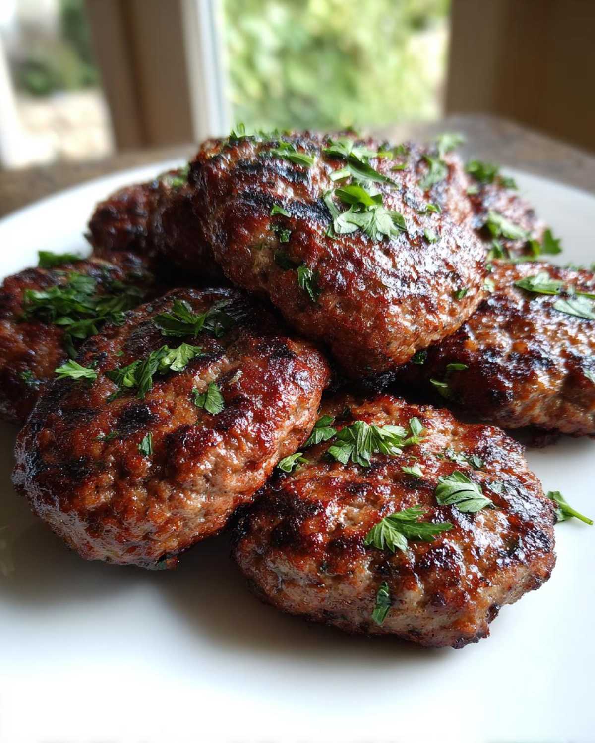 A stack of perfectly grilled Lebanese Kafta patties garnished with fresh parsley, ready for Ramadan.