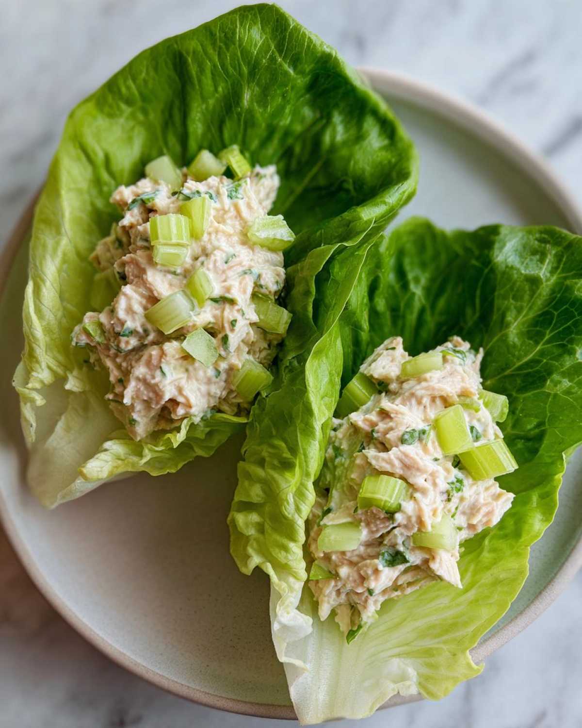 Two servings of chicken salad in crisp lettuce cups, showcasing how to Easy Easiest Way Eat Healthy.