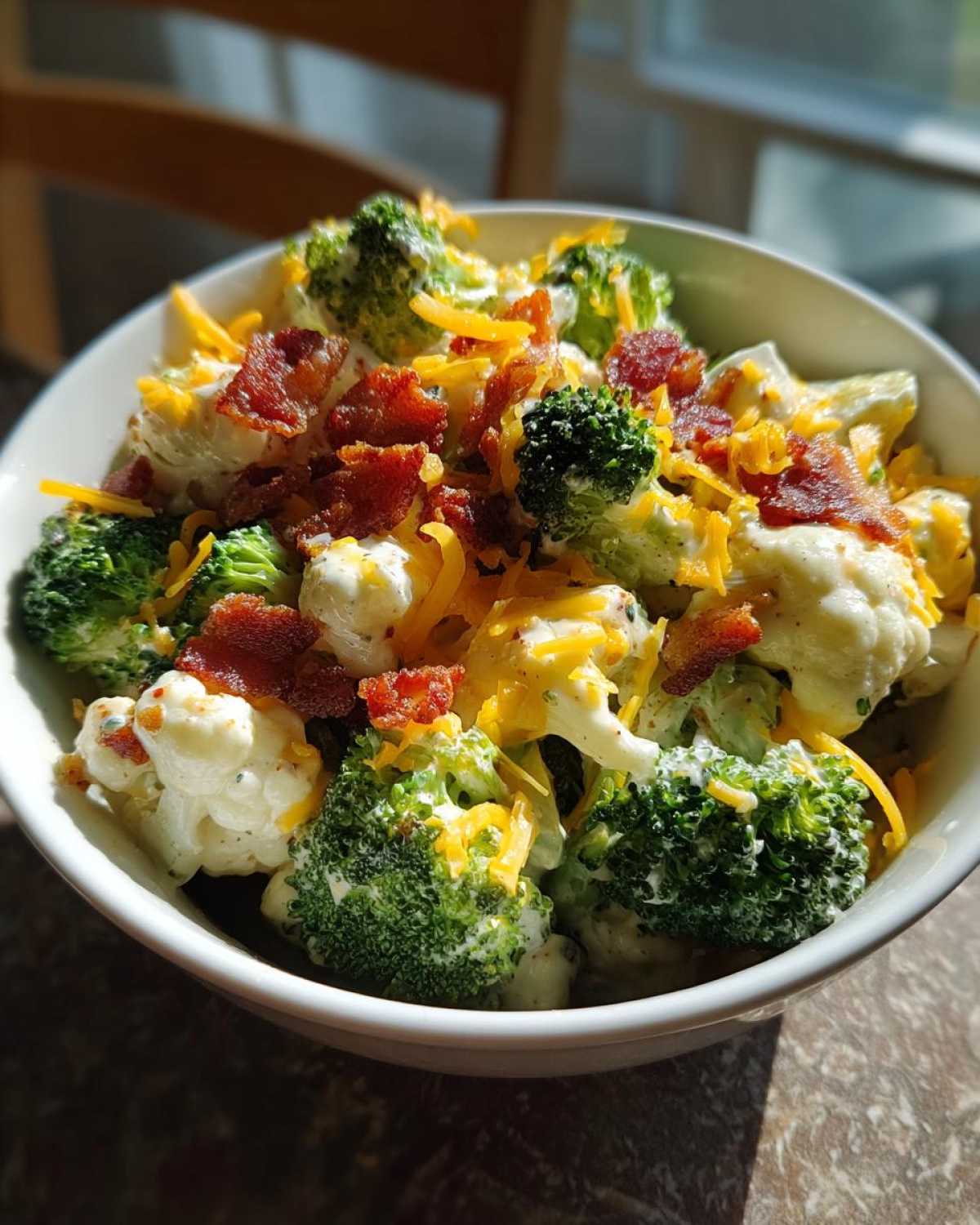A close-up of a Loaded Broccoli Cauliflower Salad Low Carb Incredible, topped with bacon bits and shredded cheddar cheese.