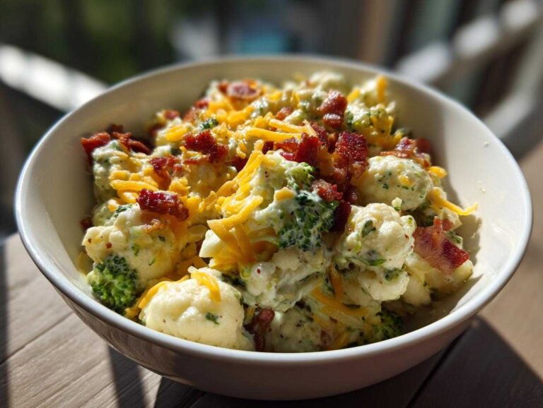 A close-up of a creamy Loaded Broccoli Cauliflower Salad Low Carb Incredible topped with shredded cheddar cheese and crispy bacon bits.
