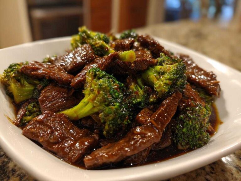 A close-up serving of glossy, saucy Low Carb Mongolian Beef mixed with bright green broccoli florets in a white bowl.